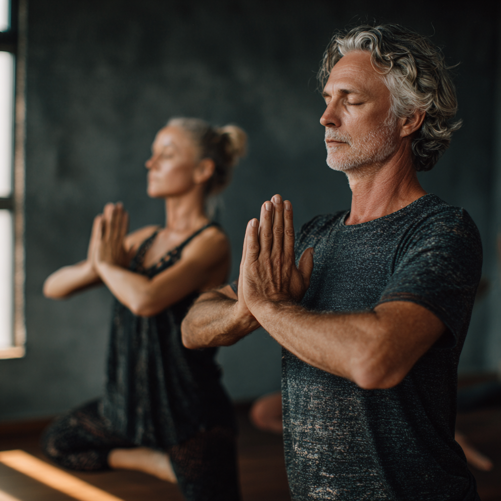 mature adults practicing yoga in peaceful studio environment with natural lighting