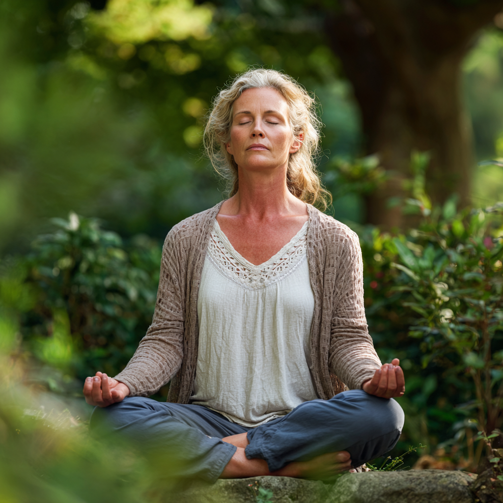 peaceful middle-aged woman practicing yoga meditation in serene natural environment